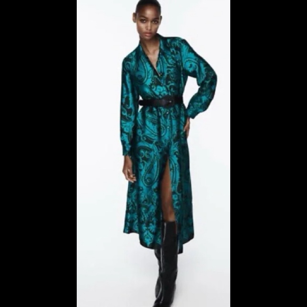 Zara Turquoise Shirt Dress, Luxe fabric, Midi length, size XS, NWT, Fall